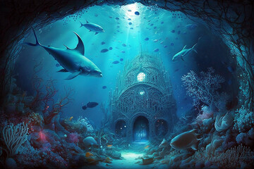 Fototapeta premium Beautiful underwater kingdom, a wonder and mystery under the sea. Generative ai illustration