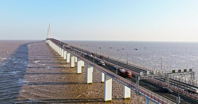 Aerial view of Hangzhou Bay Bridge scenery, Zhejiang Province, China. The total length of the bridge is 36 kilometers. The design speed is 100 kilometers per hour.