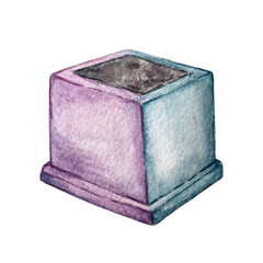 Small cute square pot for indoor plants. watercolor illustration