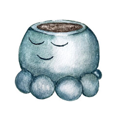 Small cute round pot for indoor plants. watercolor illustration