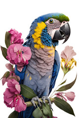 an island-themed photographic illustration of a blue, yellow and green parrot macaw with pink flowers on a transparent background in PNG. T-Shirt Design. Generative AI