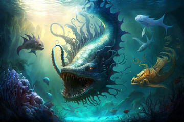 Fototapeta na wymiar Scary sea monster under deep ocean. Generative ai illustration