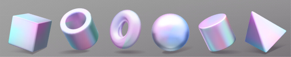 3d abstract geometric hologram shape render vector. Realistic isolated cube, sphere and donut holographic form set. Futuristic minimal glossy icon collection. Multicolor trendy torus and cylinder