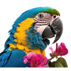 Fototapeta premium an island-themed photographic illustration of a blue, yellow and green parrot macaw with pink flowers on a transparent background in PNG. T-Shirt Design. Generative AI