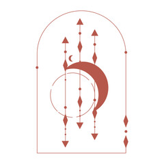 Bohemian Arch terracotta Esoteric design. Celestial Frame line with moon and star. Minimal Celestial geometry Frame. Boho vector illustration. Esoteric magic elements.