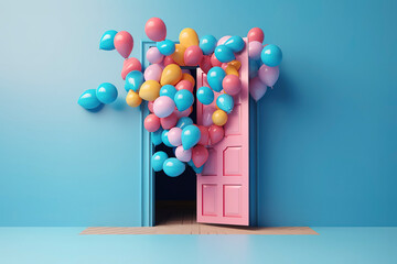 render of colorful balloons floating through blue door