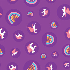 Fototapeta na wymiar Pegasus and rainbow seamless vector pattern on purple background