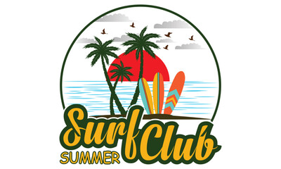Naklejka premium Summer Surfing T-shirt Template For Surf Club. Vintage Emblem In Retro Style. Surfboards, Waves And Hand Drawn Lettering Shirt, Beach, Surf, Surfing, Time For Surfing