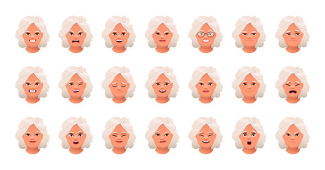 Fototapeta premium Set of different emotions of an old white woman. Facial expression of a beautiful elderly woman with gray hair. Smile, happiness, anger, disappointment, sadness, surprise, fear.