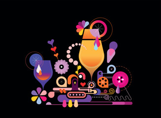 Colour design isolated on a black background Cocktail Machine vector illustration. Creative mix of cocktail glasses and abstract decorative elements. 