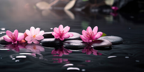 Fototapeta na wymiar pink spa flowers on spa hot stones on water wet background. Generative AI