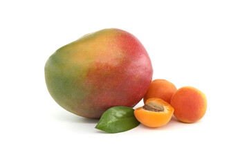 Mango, whole and halved ripe apricot fruits on white