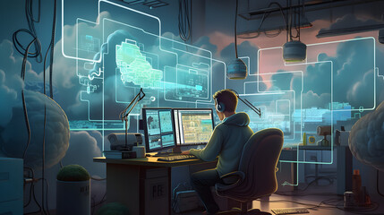 Focused Cloud Developer at Work in Modern Tech Environment - Digital Art Illustration of Cutting-Edge Expertise