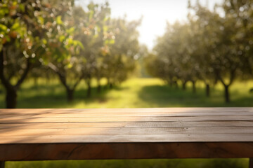 Naklejka na ściany i meble Wooden table for product display in fruit garden, generative AI