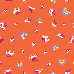 Pegasus and rainbows vector seamless pattern design on orange