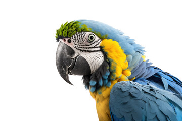 Obraz premium a Blue and Gold Macaw portrait, cheeky and fun, in wildlife-themed, photorealistic illustrations on a transparent background cutout in PNG. Generative AI