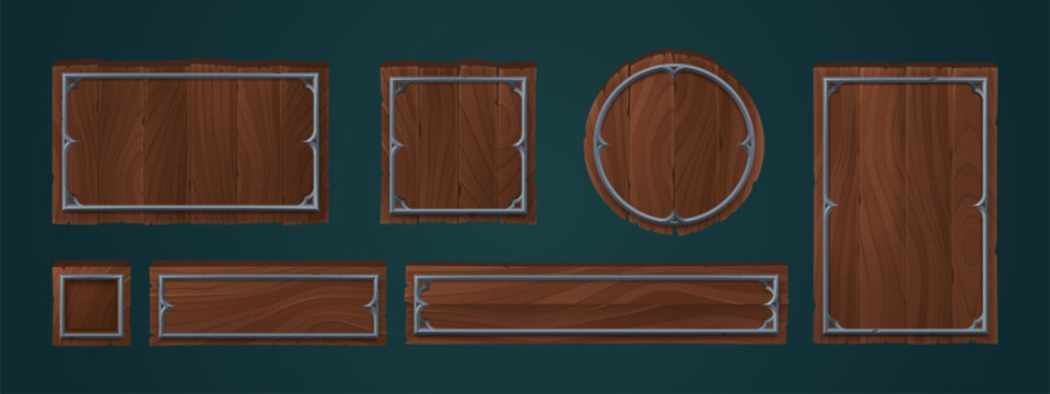 Wooden plates with metal frames for game ui design. Wood signs, panels and planks different shapes with medieval iron borders, vector cartoon set isolated on background
