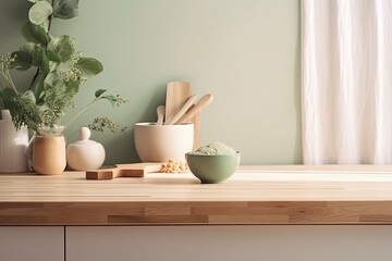 Fototapeta na wymiar wooden counter with a bowl of fresh and healthy food on top. Generative AI