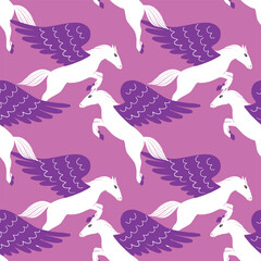 Vector illustration, pegasus repeat pattern design on purple background