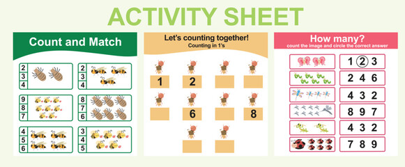 Activity sheet for children with insects theme. 3 in 1 Educational printable worksheet. Count game and writing activity for kids. Vector illustrations.