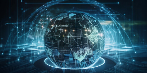 Naklejka premium Global business network, software technology investment, data analysis and processing, digital marketing concept Generative AI