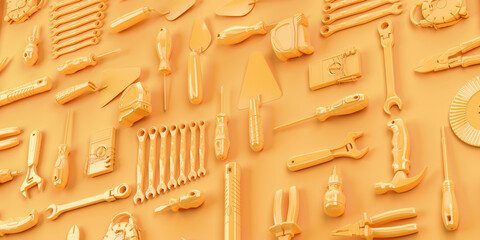 tools set background concept of repair tools warehouse promotion 3d render on yellow background