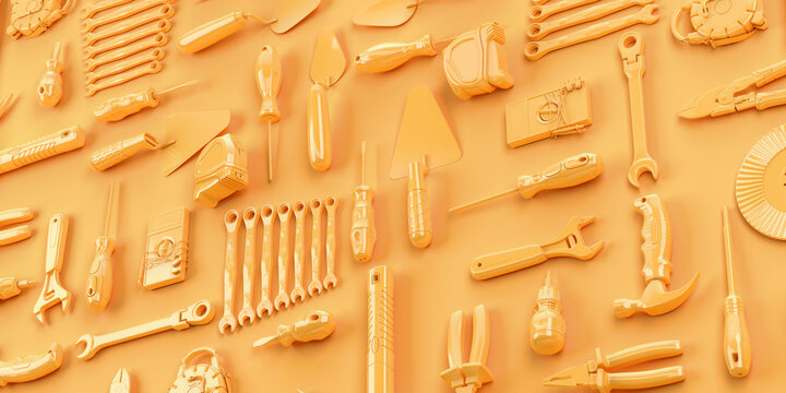 tools set background concept of repair tools warehouse promotion 3d render on yellow background