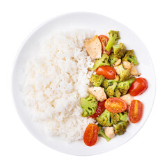 Stir fried broccoli, tomatoes and chicken eating with cooked rice