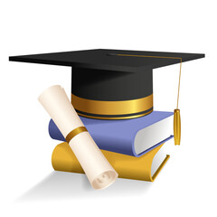 Bachelor hat and diploma on books - obrazy, fototapety, plakaty