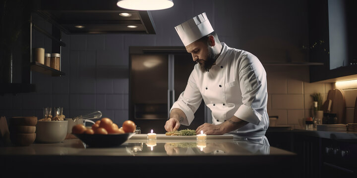 Professional Chef Preparing A Meal In A Kitchen, Focus On Person, Shallow Depth Of Field.