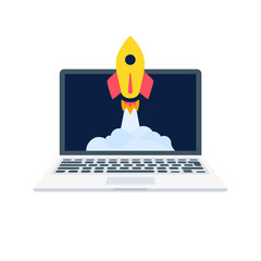 Rocket Spaceship Startup, Laptop Isolated Vector Illustration