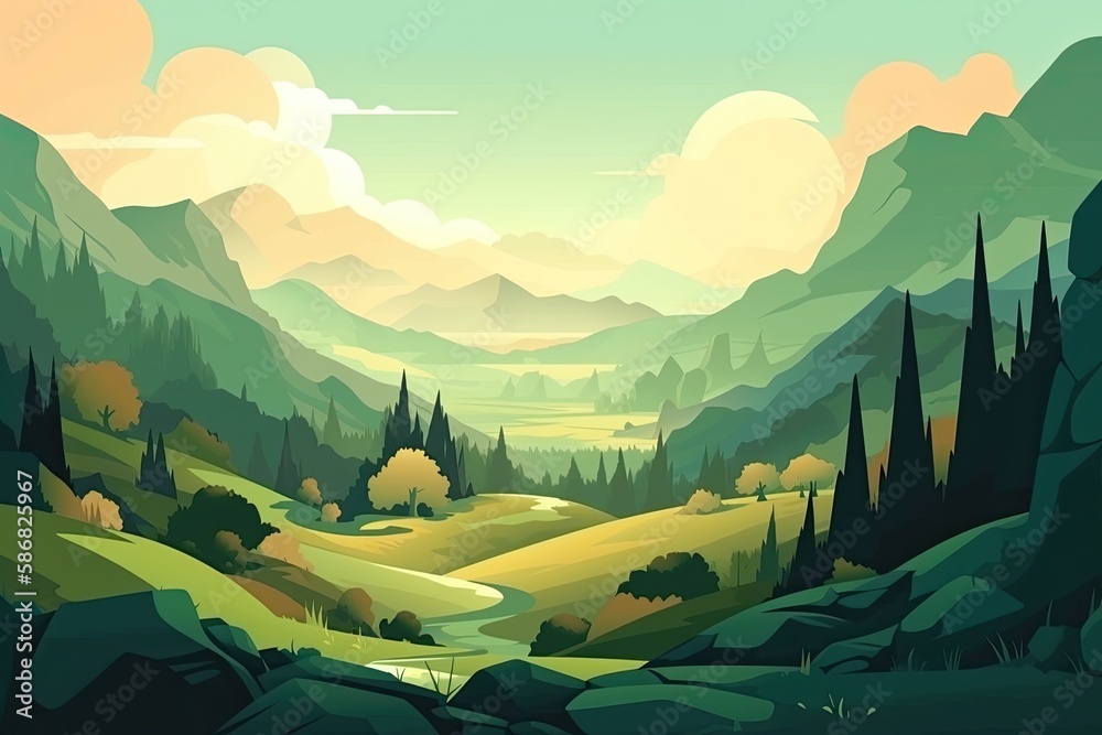 Wall mural serene mountain valley landscape with lush trees. Generative AI