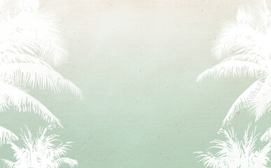 夏イメージのイラスト素材・椰子の木のシルエット ビンテージ背景緑系-ふんわり水彩画テクスチャ 色違い・差分有