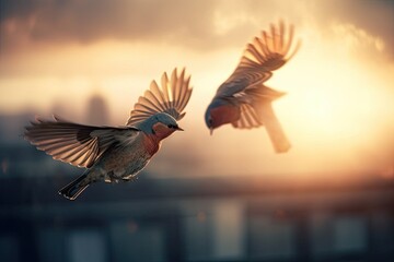 Fototapeta premium two birds in flight against a blue sky background. Generative AI