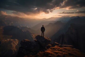 Obraz premium sunset in the mountains and a person is watching, generative AI
