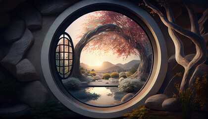 Portal to a garden with cherry blossoms