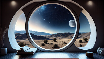 futuristic home window overlooking desert - obrazy, fototapety, plakaty