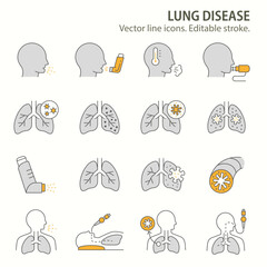 lung disease icons, such as nebulizer, bronchoscopy, bronchitis, spirometry and more. Vector illustration isolated on white. Editable stroke. - obrazy, fototapety, plakaty