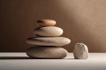 balanced stack of rocks on a wooden table. Generative AI