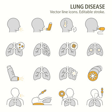 lung disease icons, such as nebulizer, bronchoscopy, bronchitis, spirometry and more. Vector illustration isolated on white. Editable stroke.
