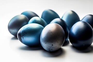 blue and silver eggs arranged on a white background. Generative AI
