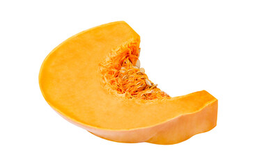 Pumpkin piece cut off with innards and seeds, isolated on white background with clipping path
