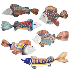 Nice collection of fish. Children's background. Can be used in textile industry, paper, background, scrapbooking. Ethnic fish with ornament