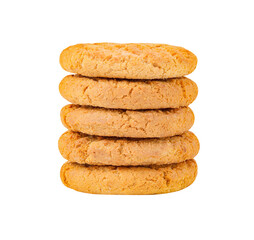 Oatmeal cookies stacked, five pieces, isolated on white background with clipping path
