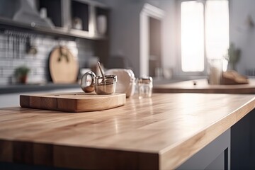 Fototapeta premium wooden cutting board on a kitchen counter with vegetables and a knife. Generative AI