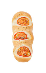 Baguette long bun with dried tomatoes and seeds, isolated on white background with clipping path, vertical frame