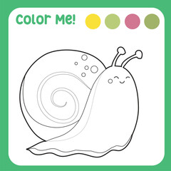 Colour me: colouring page kids with insects theme a cute snail. Coloring activity for children. Coloring animal worksheet. Black and white vector illustration. Motoric skills education. 