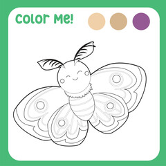 Obraz premium Colour me: colouring page kids with insects theme a cute moth. Coloring activity for children. Coloring animal worksheet. Black and white vector illustration. Motoric skills education. 