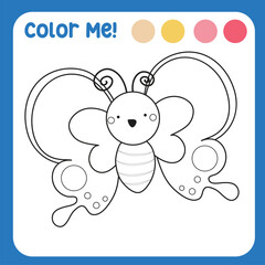 Colour me: colouring page kids with insects theme a cute butterfly. Coloring activity for children. Coloring animal worksheet. Black and white vector illustration. Motoric skills education. 