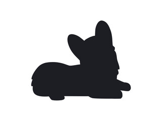 Black silhouette of puppy corgi dog. Portrait of lying little pet animal. Hand drawn vector illustration isolated on white background, modern flat cartoon style